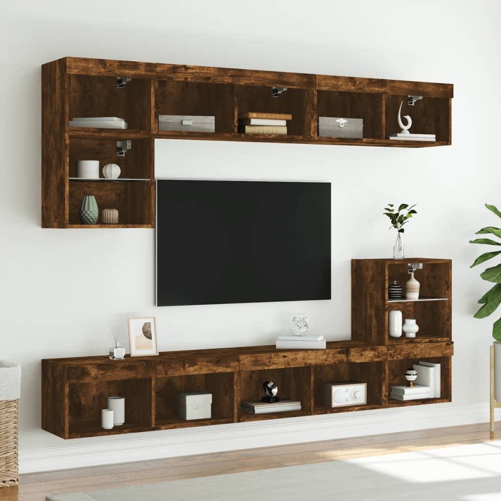 vidaXL Comodă TV cu lumini LED, stejar fumuriu, 80x30x30 cm
