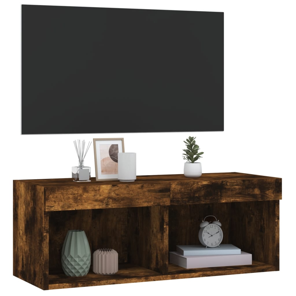 vidaXL Comodă TV cu lumini LED, stejar fumuriu, 80x30x30 cm