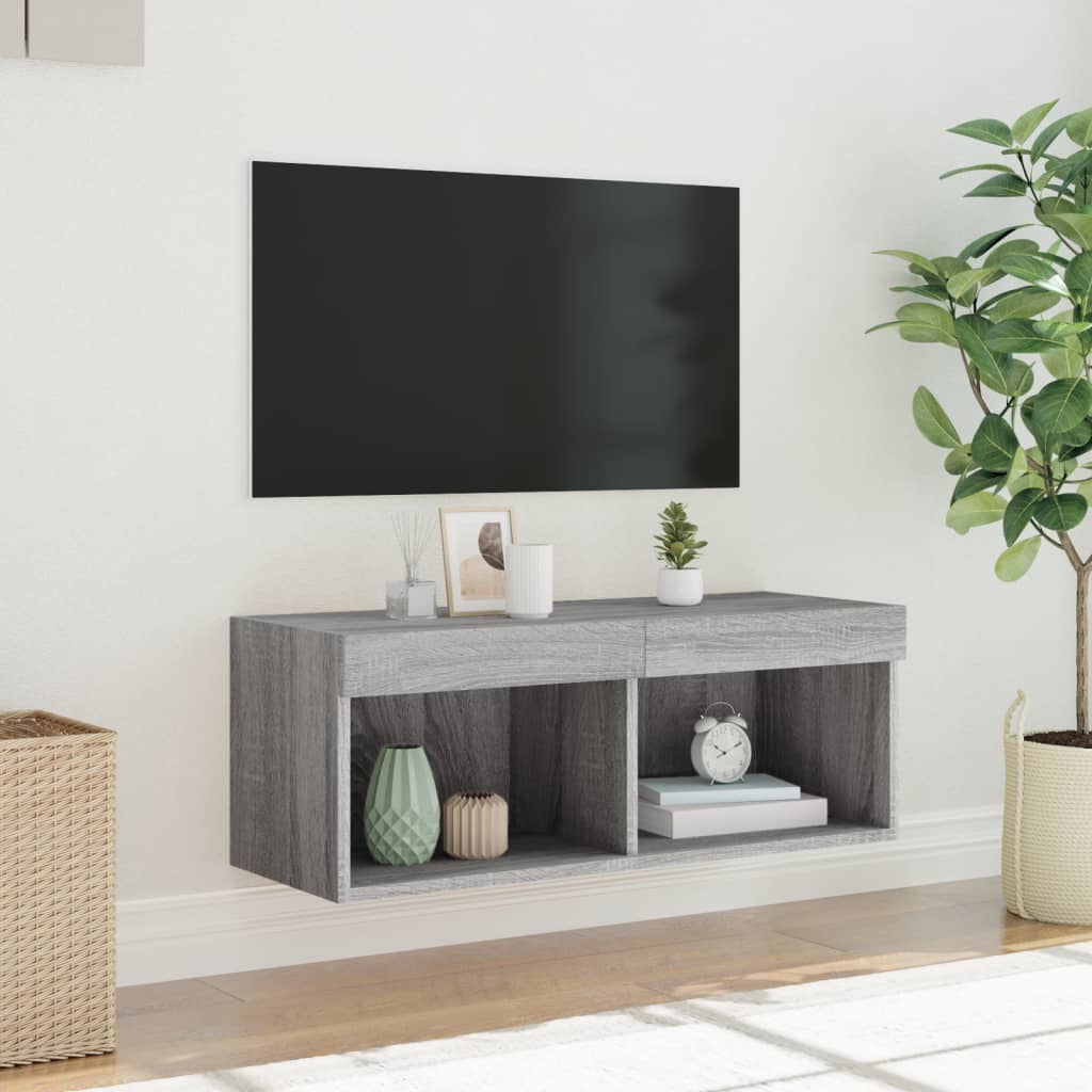 vidaXL Comodă TV cu lumini LED, gri sonoma, 80x30x30 cm vidaXL Comodă TV cu lumini LED, gri sonoma, 80x30x30 cm