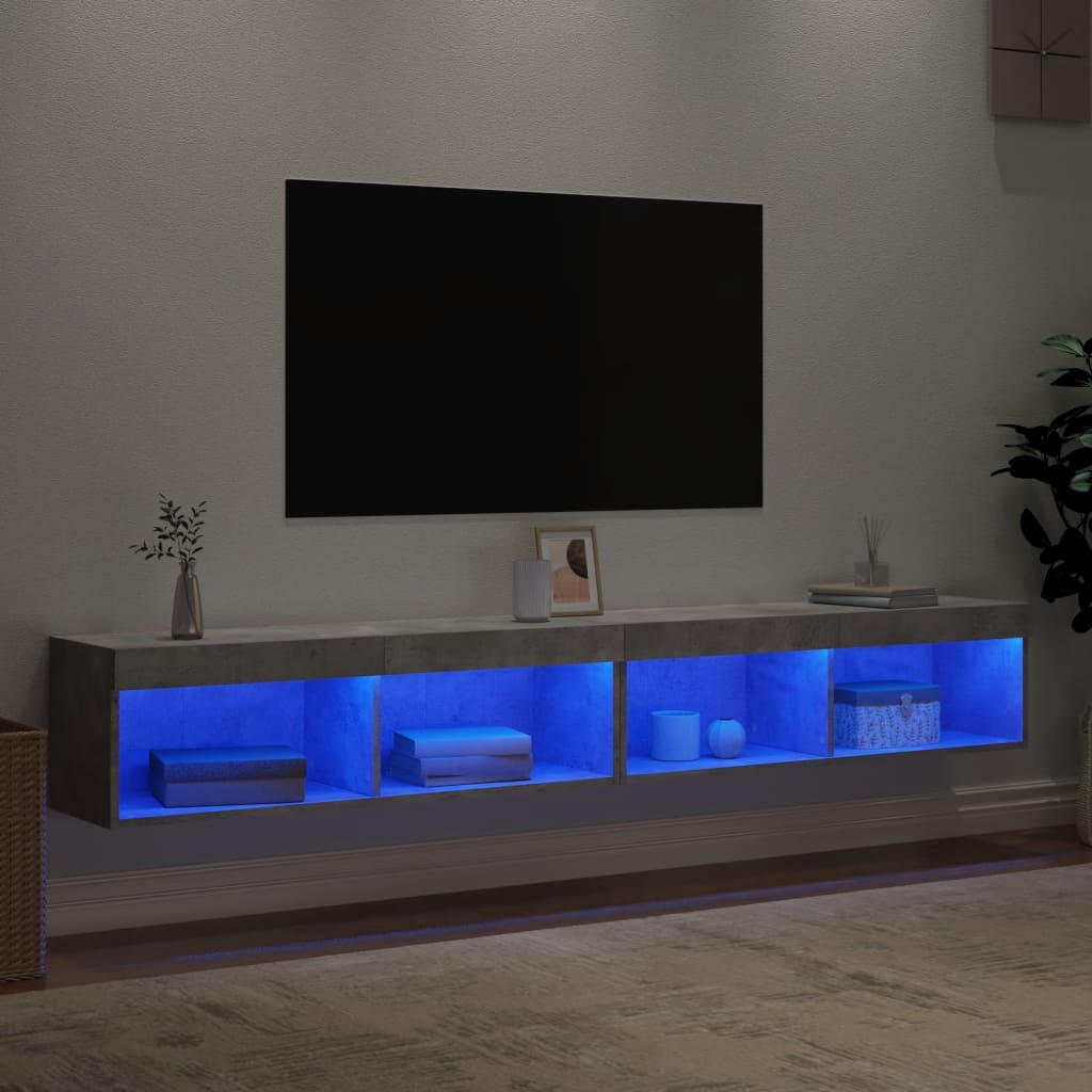 vidaXL Comode TV cu lumini LED, 2 buc., gri beton, 100x30x30 cm