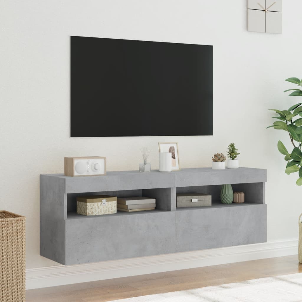 vidaXL Comode TV de perete cu lumini LED 2 buc. gri beton 60x30x40 cm