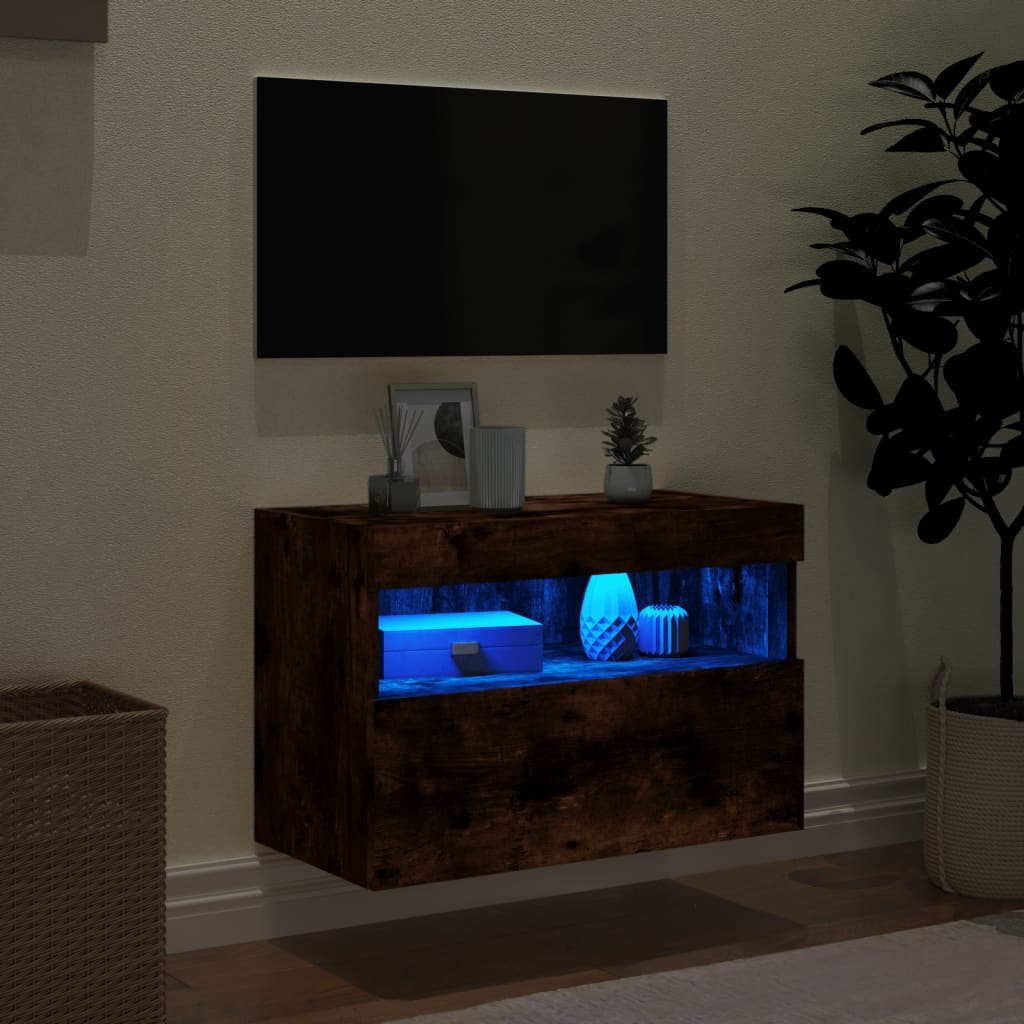 vidaXL Comodă TV de perete cu lumini LED, stejar fumuriu, 60x30x40 cm vidaXL Comodă TV de perete cu lumini LED, stejar fumuriu, 60x30x40 cm