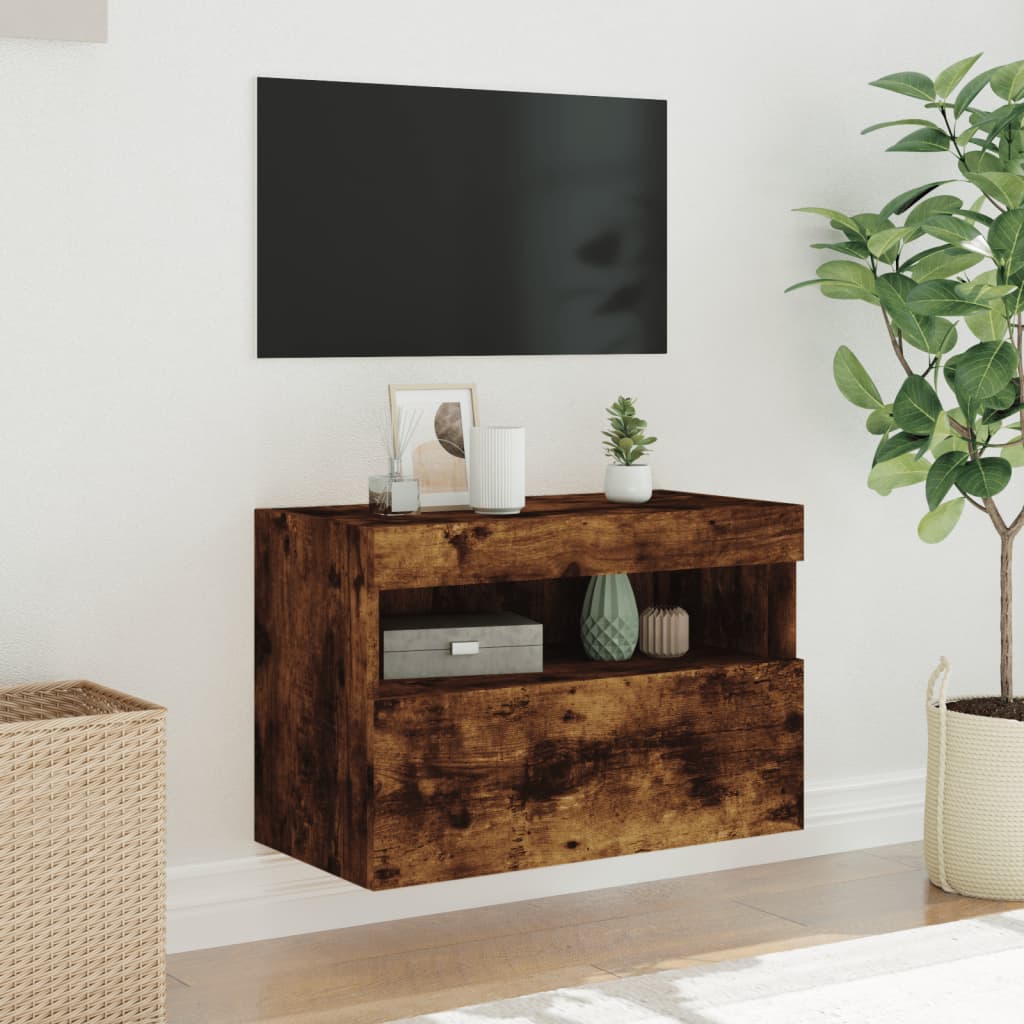 vidaXL Comodă TV de perete cu lumini LED, stejar fumuriu, 60x30x40 cm vidaXL Comodă TV de perete cu lumini LED, stejar fumuriu, 60x30x40 cm