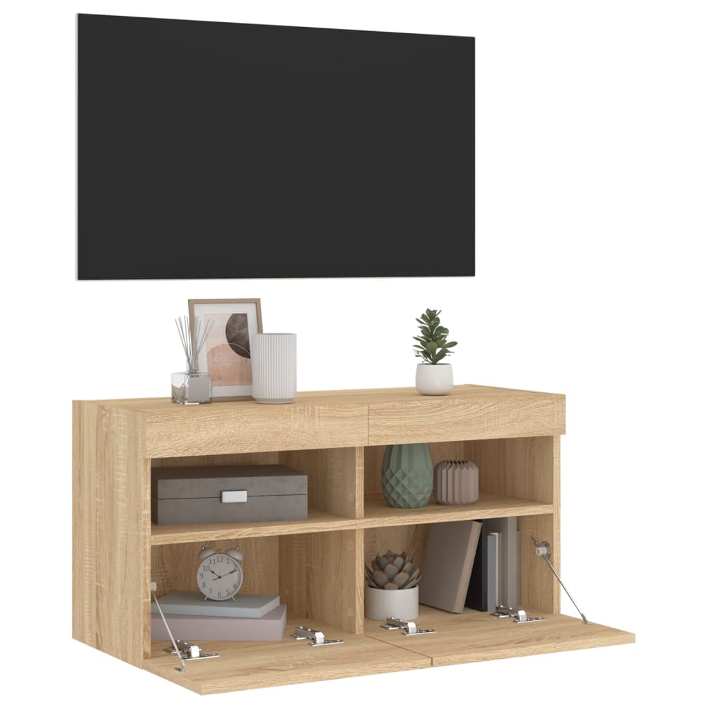 vidaXL Comodă TV de perete cu lumini LED, stejar sonoma, 80x30x40 cm vidaXL Comodă TV de perete cu lumini LED, stejar sonoma, 80x30x40 cm