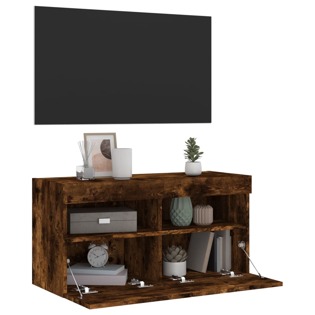 vidaXL Comodă TV de perete cu lumini LED, stejar fumuriu, 80x30x40 cm