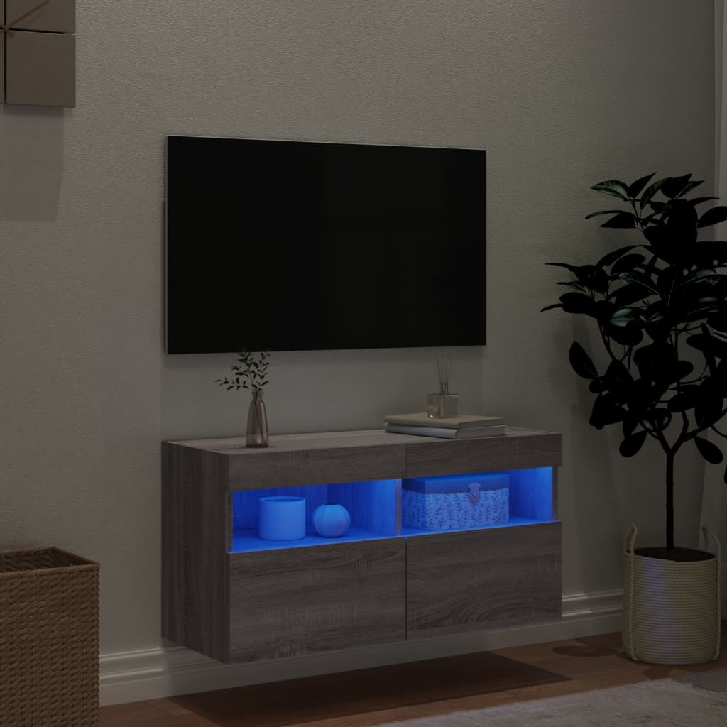 vidaXL Comodă TV de perete cu lumini LED, gri sonoma, 80x30x40 cm vidaXL Comodă TV de perete cu lumini LED, gri sonoma, 80x30x40 cm