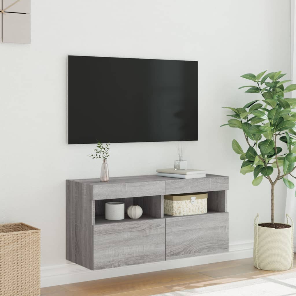 vidaXL Comodă TV de perete cu lumini LED, gri sonoma, 80x30x40 cm vidaXL Comodă TV de perete cu lumini LED, gri sonoma, 80x30x40 cm