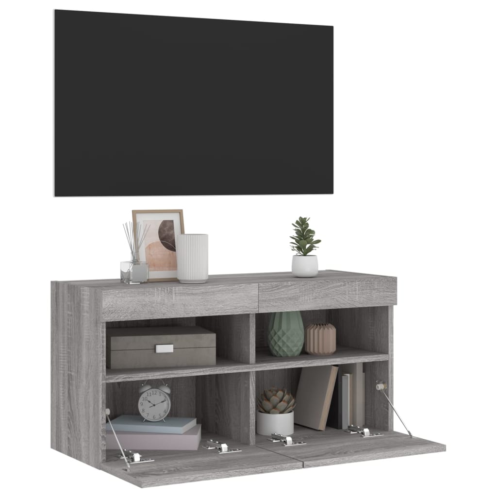 vidaXL Comodă TV de perete cu lumini LED, gri sonoma, 80x30x40 cm vidaXL Comodă TV de perete cu lumini LED, gri sonoma, 80x30x40 cm