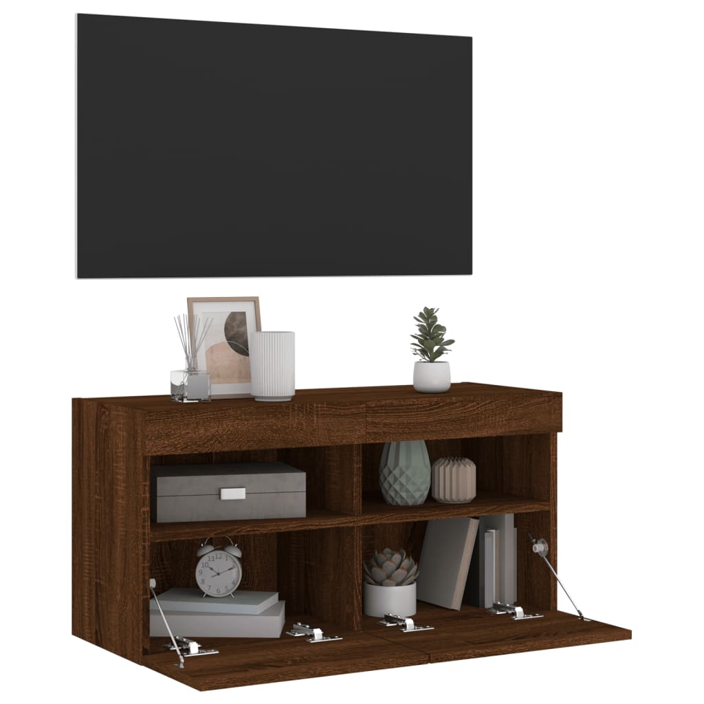 vidaXL Comodă TV de perete cu lumini LED, stejar maro, 80x30x40 cm vidaXL Comodă TV de perete cu lumini LED, stejar maro, 80x30x40 cm