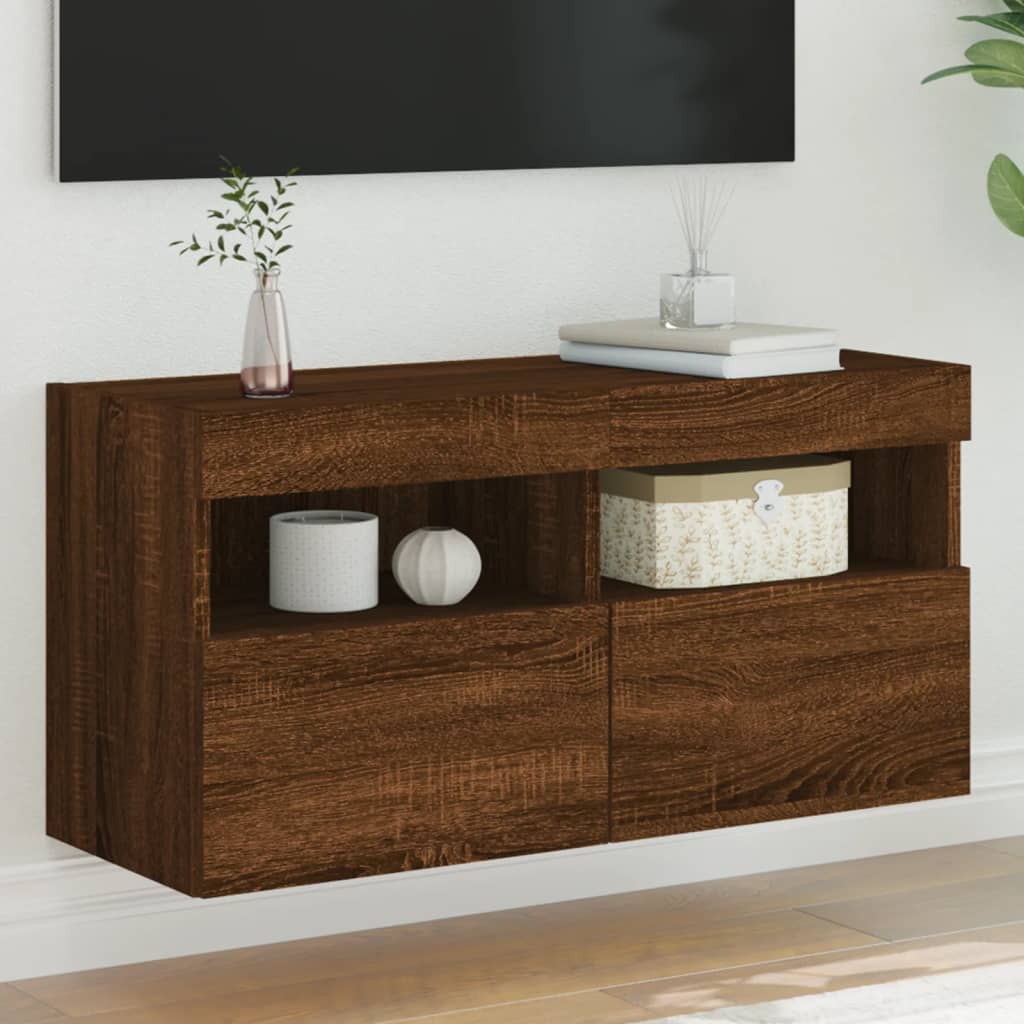 vidaXL Comodă TV de perete cu lumini LED, stejar maro, 80x30x40 cm vidaXL Comodă TV de perete cu lumini LED, stejar maro, 80x30x40 cm