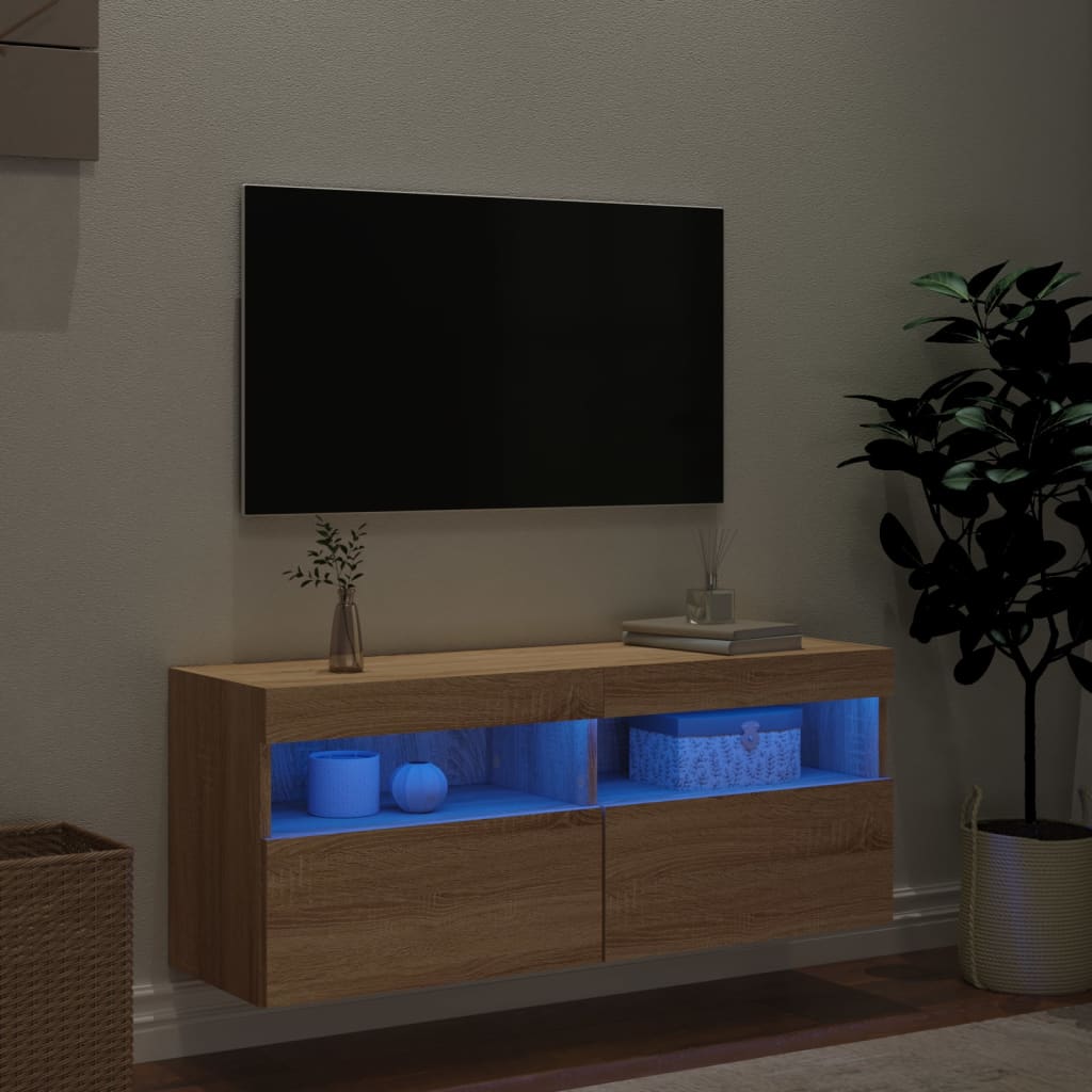 vidaXL Comodă TV de perete cu lumini LED, stejar sonoma, 100x30x40 cm
