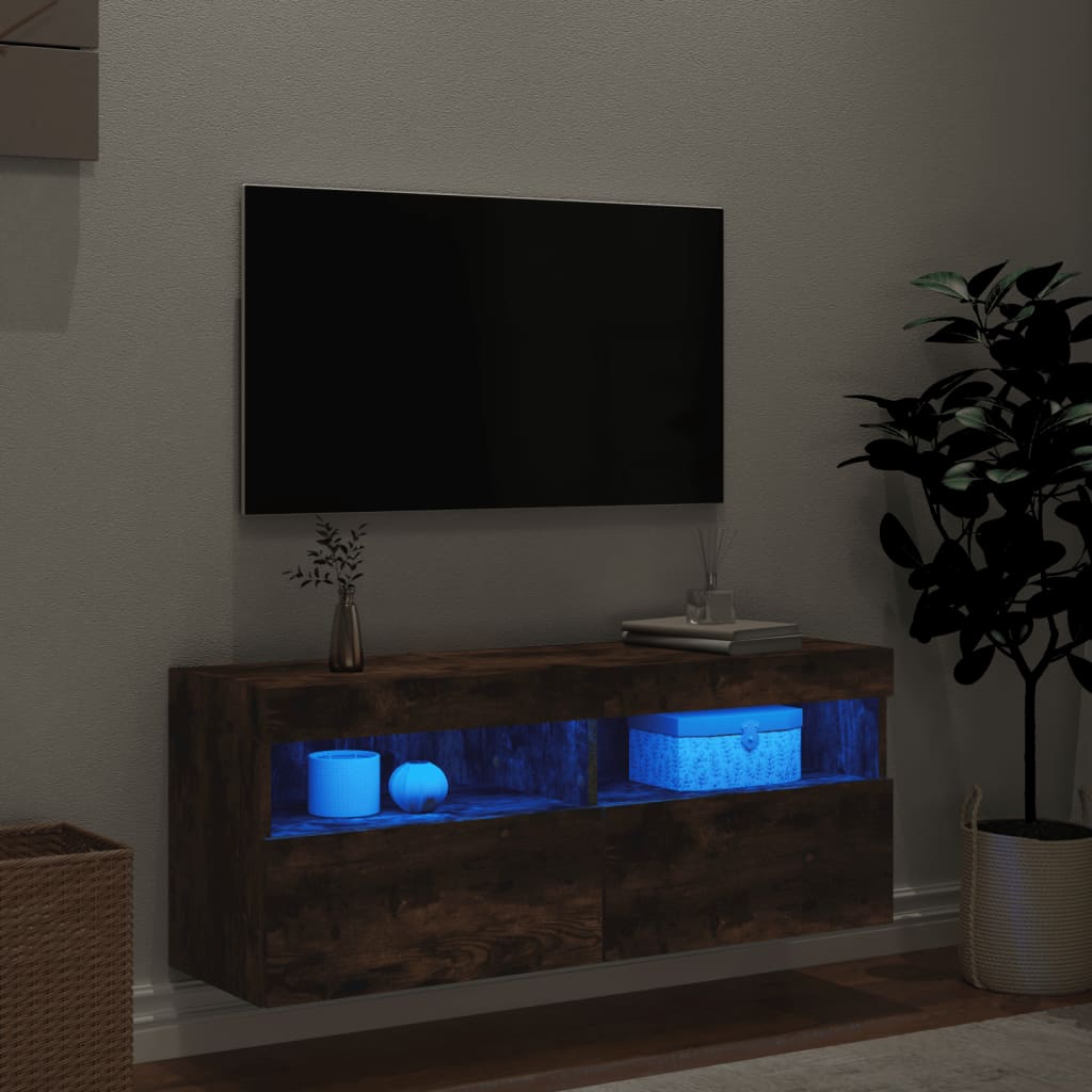 vidaXL Comodă TV de perete cu lumini LED, stejar fumuriu, 100x30x40 cm
