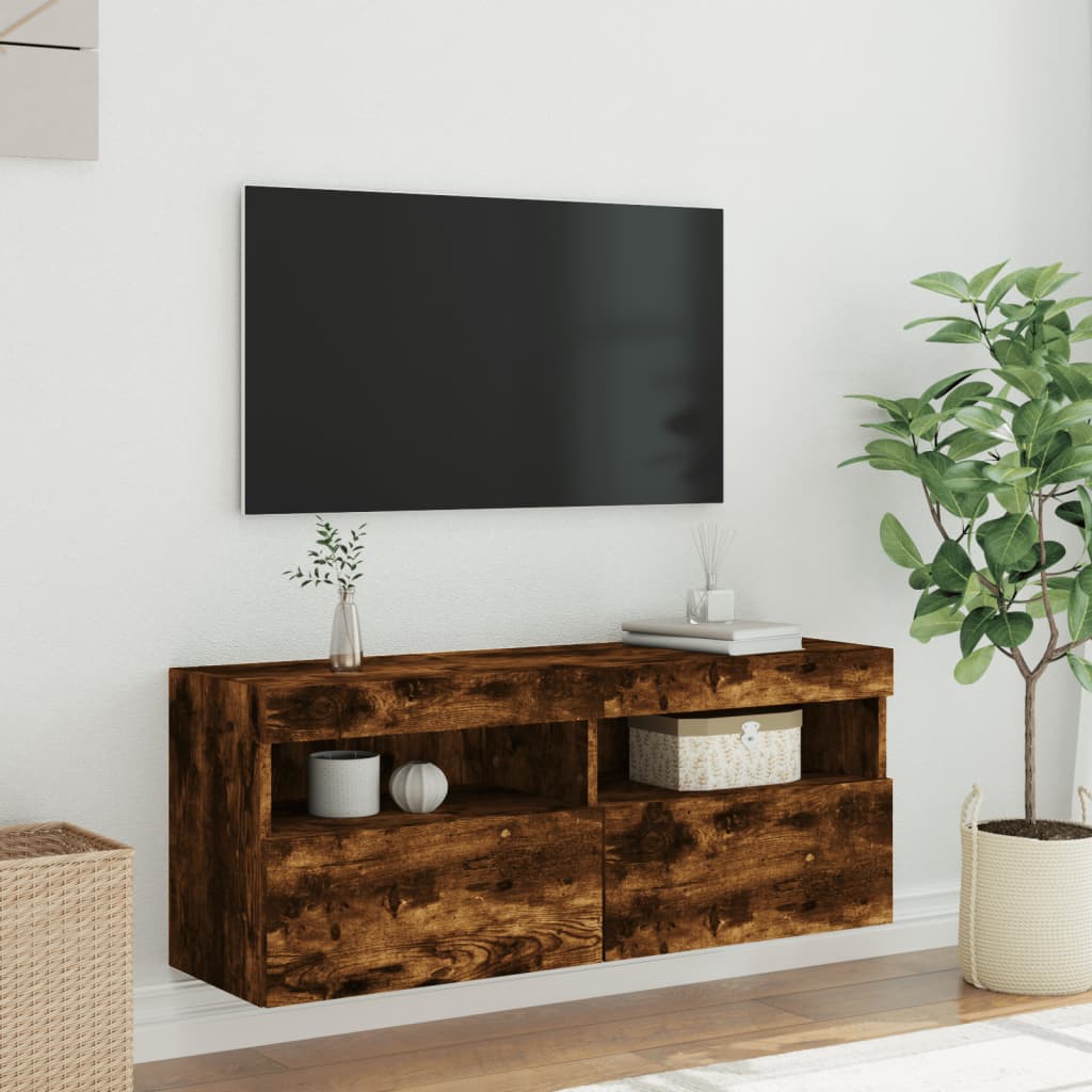 vidaXL Comodă TV de perete cu lumini LED, stejar fumuriu, 100x30x40 cm