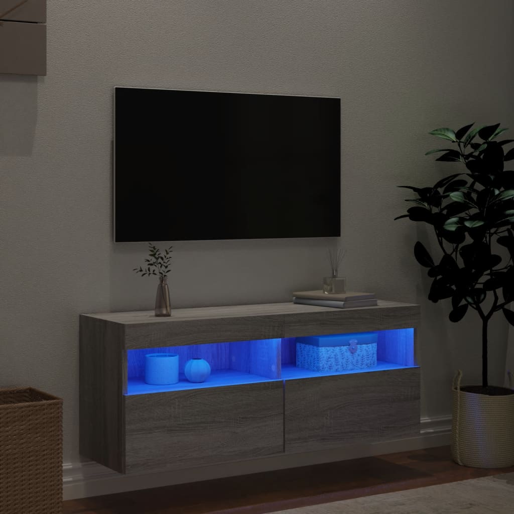 vidaXL Comodă TV de perete cu lumini LED, gri sonoma, 100x30x40 cm