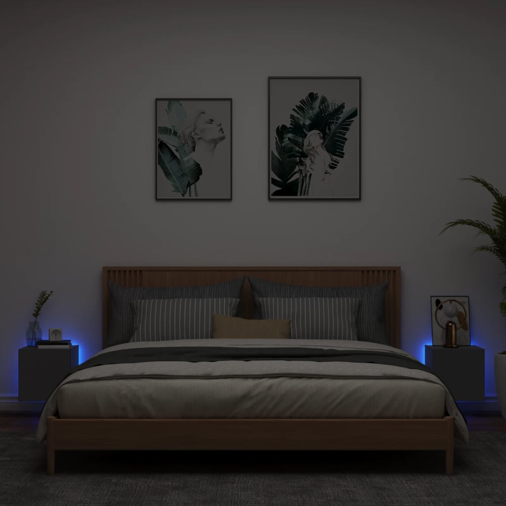 vidaXL Comode TV de perete cu lumini LED, 2 buc., negru, 30,5x35x30 cm