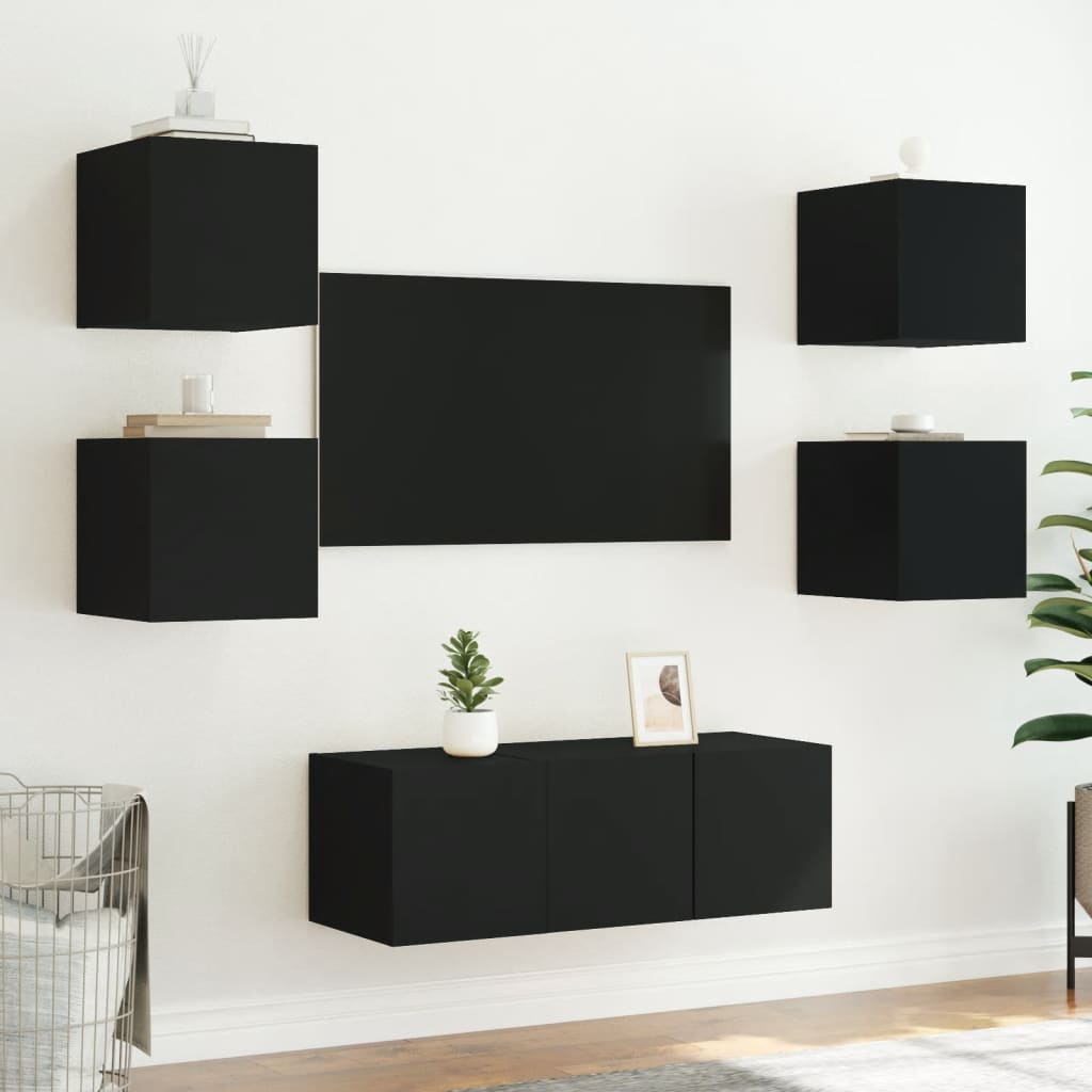 vidaXL Comode TV de perete cu lumini LED, 2 buc., negru, 30,5x35x30 cm