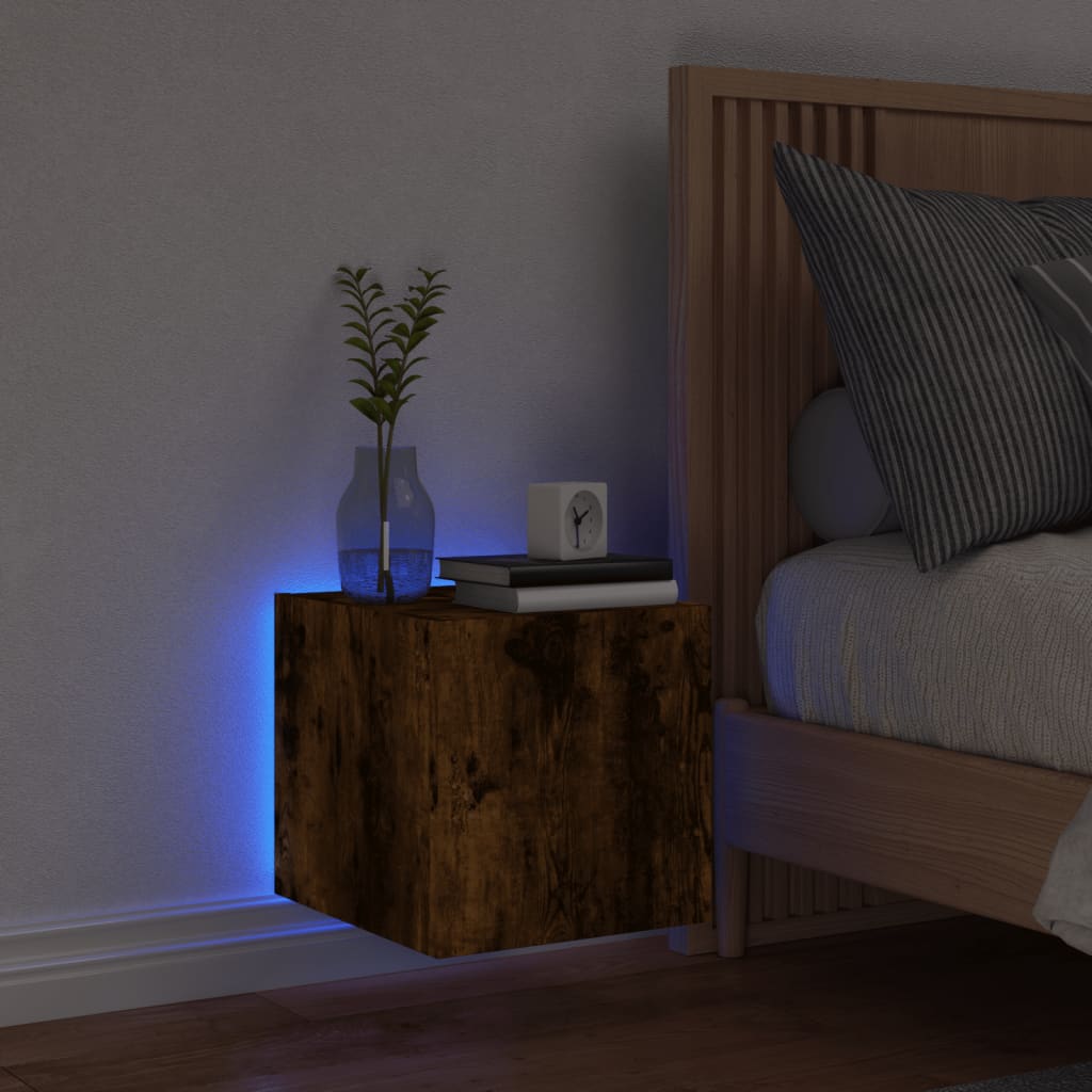 vidaXL Comodă TV de perete cu lumini LED, stejar fumuriu, 30,5x35x30cm vidaXL Comodă TV de perete cu lumini LED, stejar fumuriu, 30,5x35x30cm