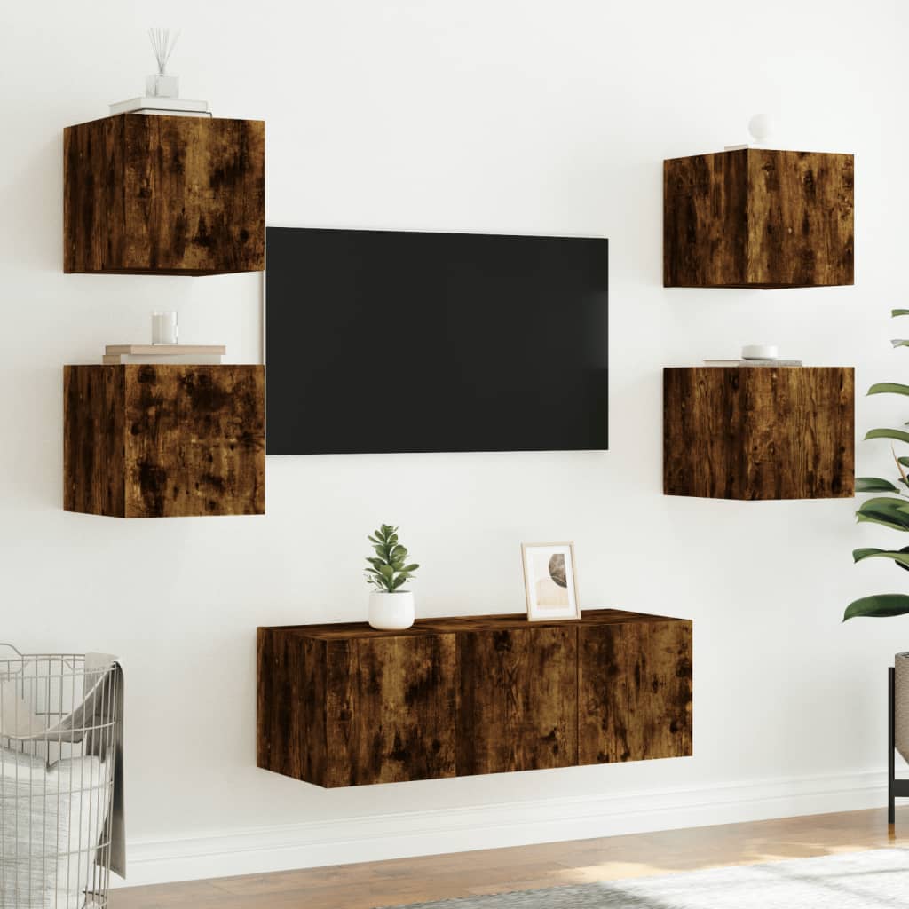 vidaXL Comodă TV de perete cu lumini LED, stejar fumuriu, 30,5x35x30cm vidaXL Comodă TV de perete cu lumini LED, stejar fumuriu, 30,5x35x30cm