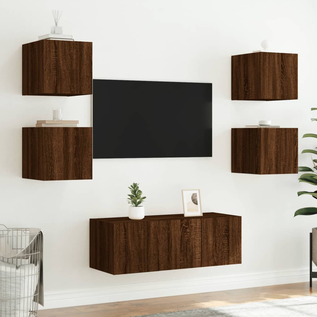vidaXL Comodă TV de perete cu lumini LED, stejar maro, 30,5x35x30 cm vidaXL Comodă TV de perete cu lumini LED, stejar maro, 30,5x35x30 cm