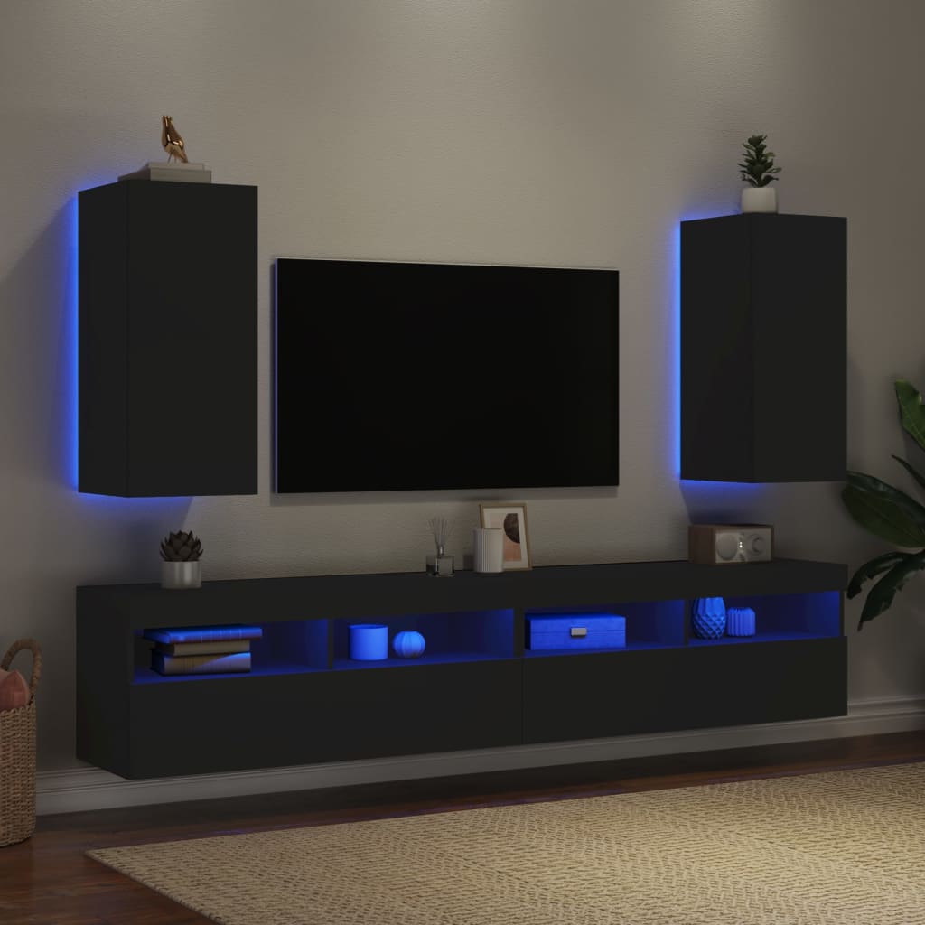 vidaXL Comode TV de perete cu lumini LED, 2 buc., negru, 30,5x35x70 cm