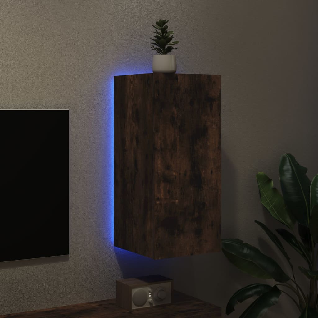 vidaXL Comodă TV de perete cu lumini LED, stejar fumuriu, 30,5x35x70cm vidaXL Comodă TV de perete cu lumini LED, stejar fumuriu, 30,5x35x70cm