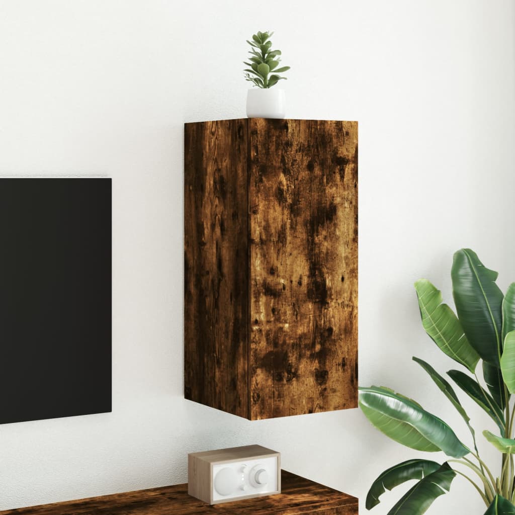 vidaXL Comodă TV de perete cu lumini LED, stejar fumuriu, 30,5x35x70cm vidaXL Comodă TV de perete cu lumini LED, stejar fumuriu, 30,5x35x70cm