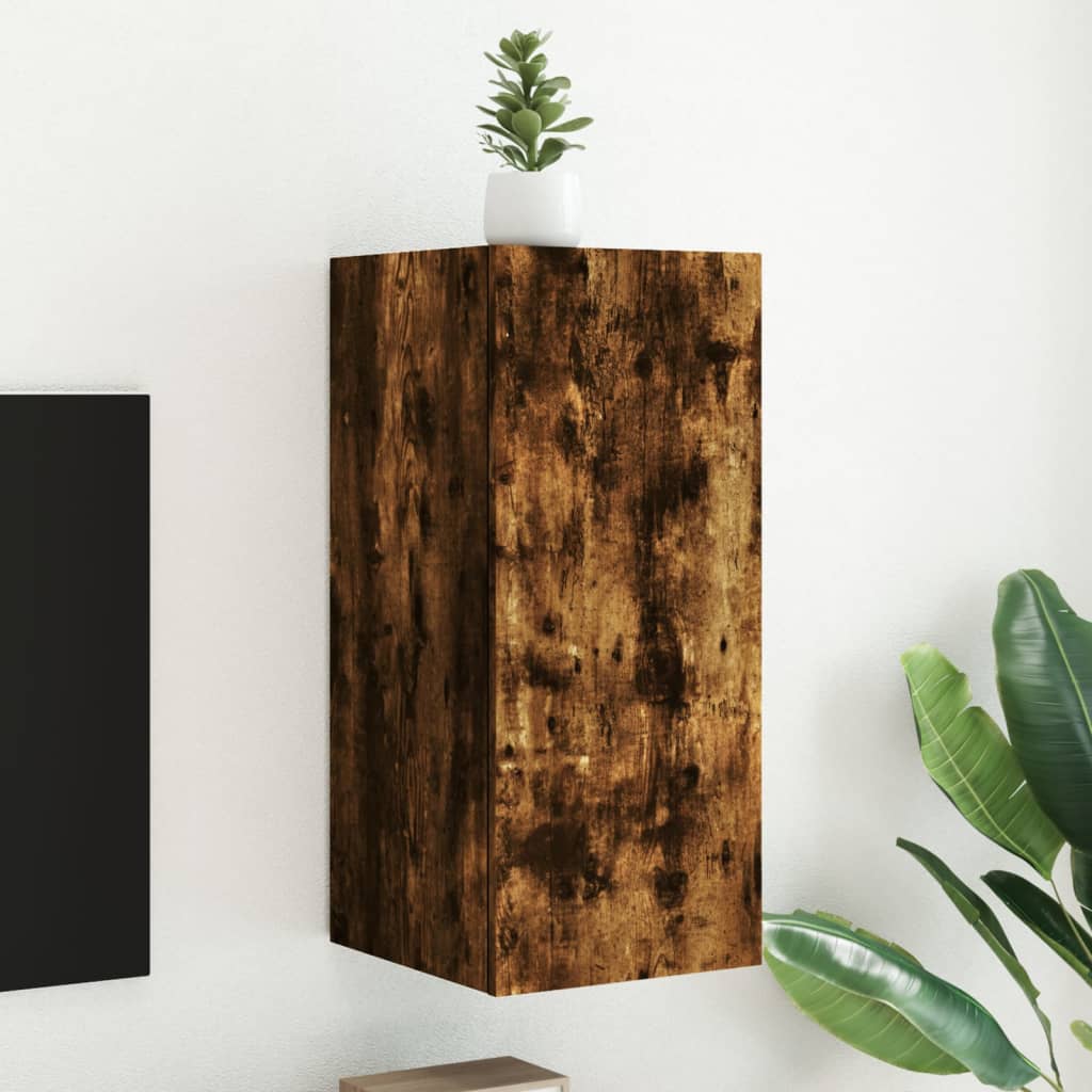 vidaXL Comodă TV de perete cu lumini LED, stejar fumuriu, 30,5x35x70cm vidaXL Comodă TV de perete cu lumini LED, stejar fumuriu, 30,5x35x70cm