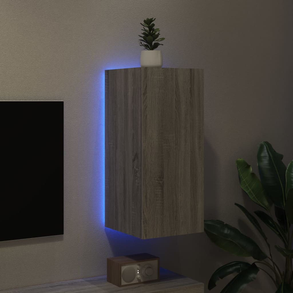 vidaXL Comodă TV de perete cu lumini LED, gri sonoma, 30,5x35x70 cm vidaXL Comodă TV de perete cu lumini LED, gri sonoma, 30,5x35x70 cm