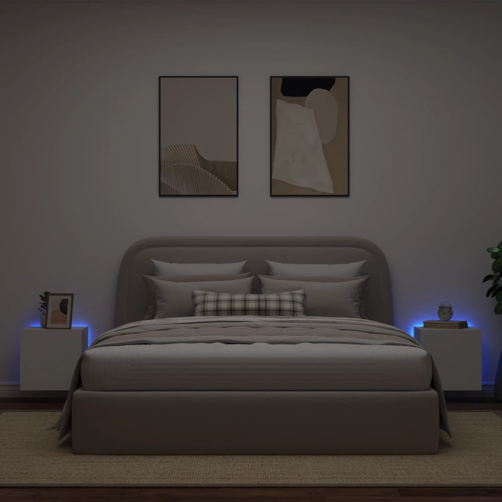 vidaXL Comode TV de perete cu lumini LED, 2 buc., alb, 40,5x35x40 cm