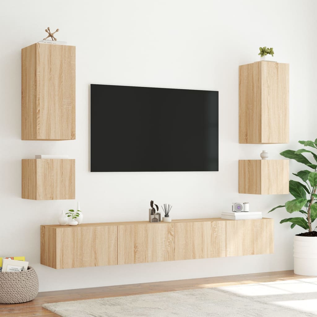 vidaXL Comodă TV de perete cu lumini LED, stejar sonoma, 40,5x35x40 cm vidaXL Comodă TV de perete cu lumini LED, stejar sonoma, 40,5x35x40 cm