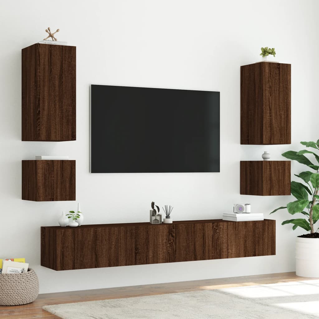 vidaXL Comodă TV de perete cu LED, 2 buc. stejar maro, 40,5x35x40 cm vidaXL Comodă TV de perete cu LED, 2 buc. stejar maro, 40,5x35x40 cm