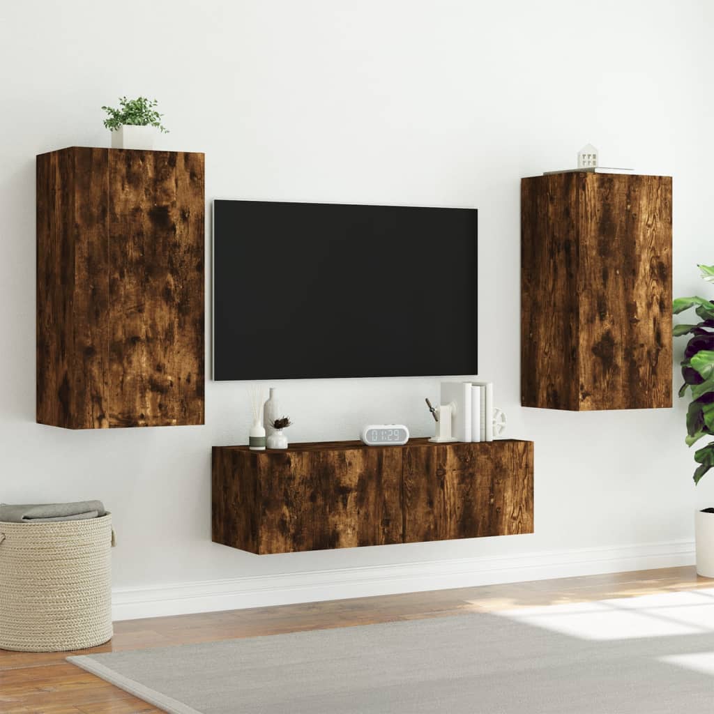 vidaXL Comodă TV de perete cu lumini LED, stejar fumuriu, 40,5x35x80cm vidaXL Comodă TV de perete cu lumini LED, stejar fumuriu, 40,5x35x80cm