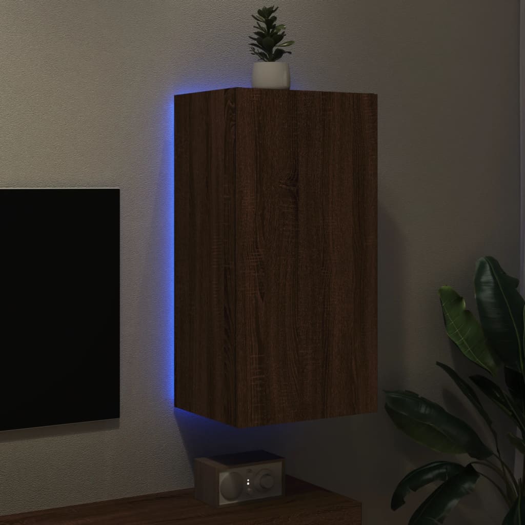 vidaXL Comodă TV de perete cu lumini LED, stejar maro, 40,5x35x80 cm vidaXL Comodă TV de perete cu lumini LED, stejar maro, 40,5x35x80 cm
