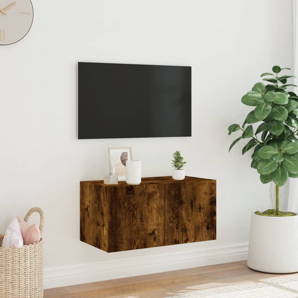 vidaXL Comodă TV de perete cu lumini LED, stejar fumuriu, 60x35x31 cm vidaXL Comodă TV de perete cu lumini LED, stejar fumuriu, 60x35x31 cm