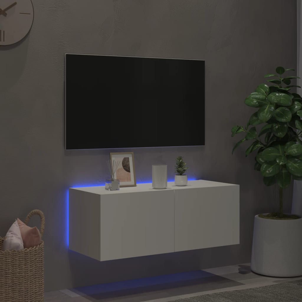 vidaXL Comodă TV de perete cu lumini LED, alb, 80x35x31 cm vidaXL Comodă TV de perete cu lumini LED, alb, 80x35x31 cm