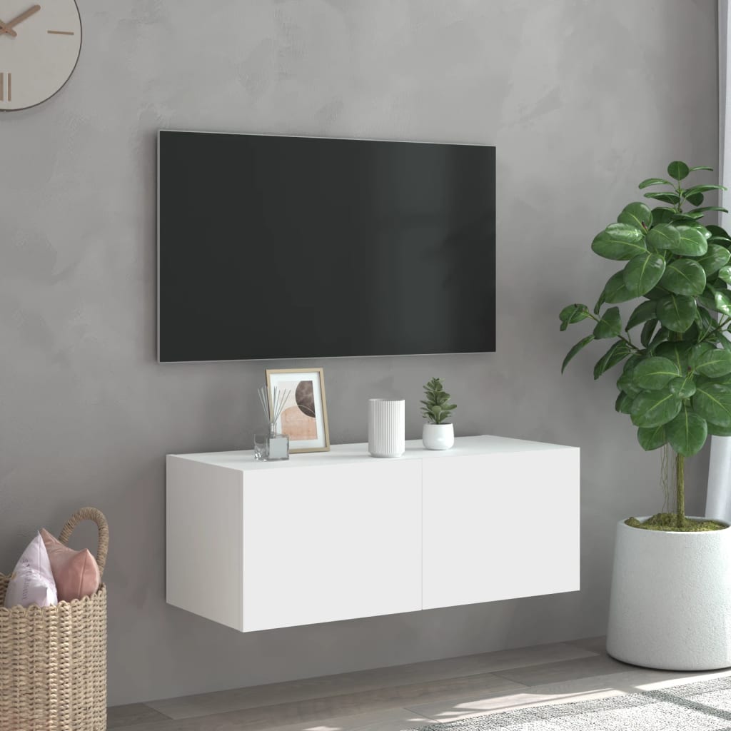 vidaXL Comodă TV de perete cu lumini LED, alb, 80x35x31 cm vidaXL Comodă TV de perete cu lumini LED, alb, 80x35x31 cm