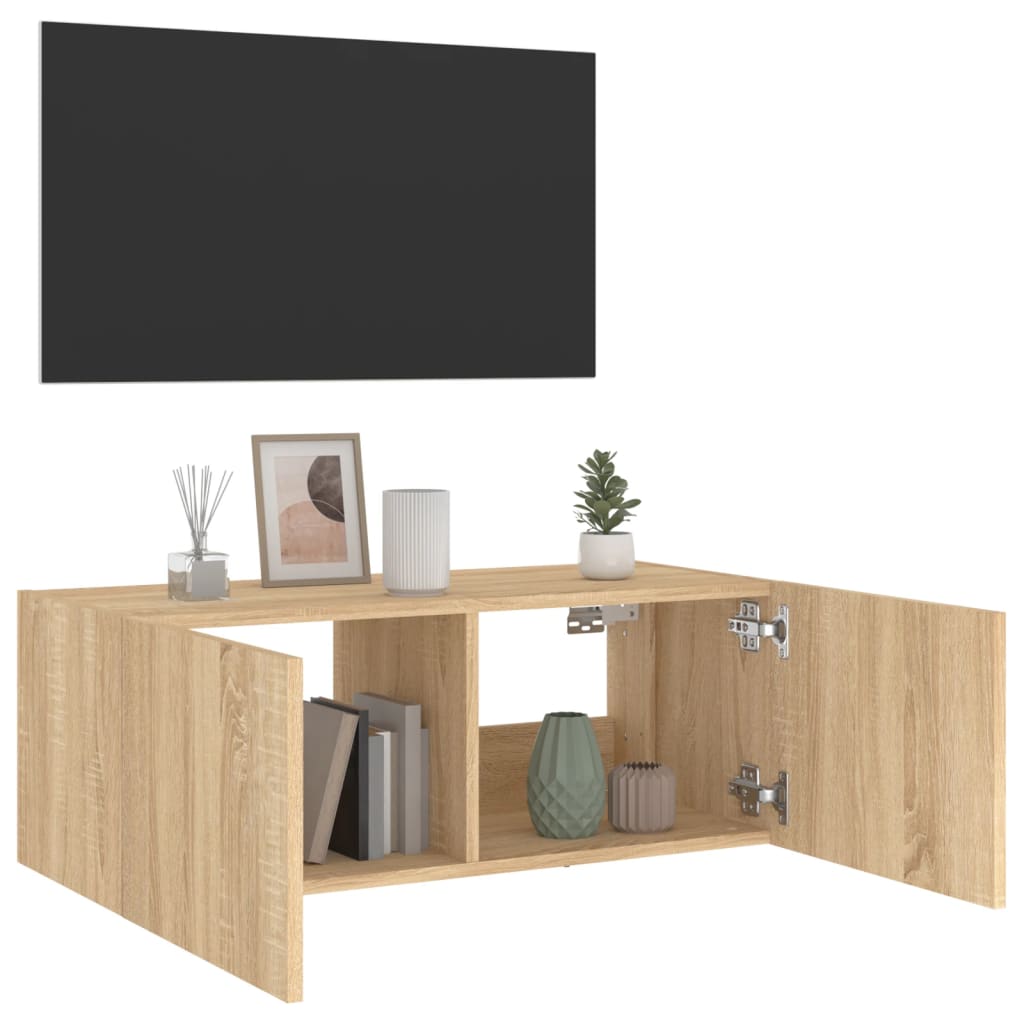 vidaXL Comodă TV de perete cu lumini LED, stejar sonoma, 80x35x31 cm vidaXL Comodă TV de perete cu lumini LED, stejar sonoma, 80x35x31 cm