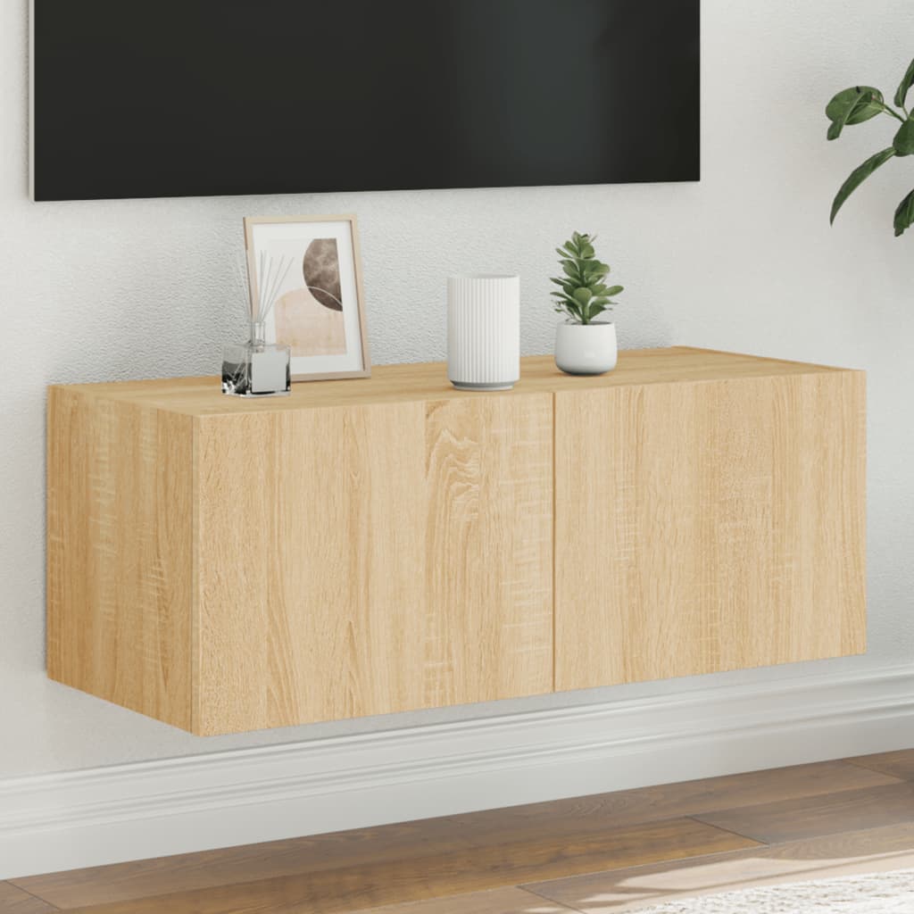 vidaXL Comodă TV de perete cu lumini LED, stejar sonoma, 80x35x31 cm vidaXL Comodă TV de perete cu lumini LED, stejar sonoma, 80x35x31 cm