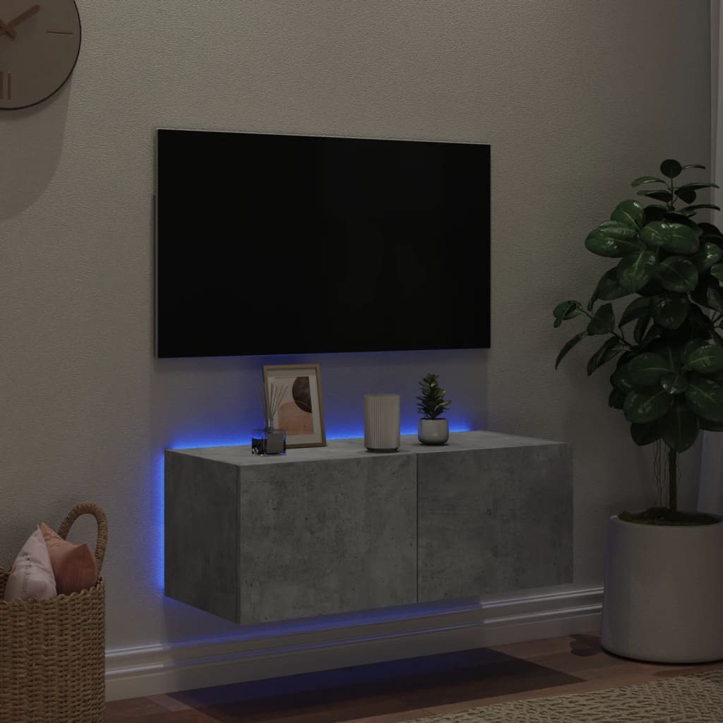 vidaXL Comodă TV de perete cu lumini LED, gri beton, 80x35x31 cm vidaXL Comodă TV de perete cu lumini LED, gri beton, 80x35x31 cm