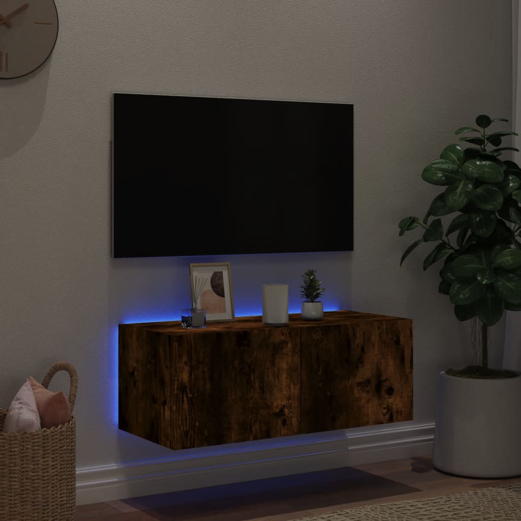 vidaXL Comodă TV de perete cu lumini LED, stejar fumuriu, 80x35x31 cm vidaXL Comodă TV de perete cu lumini LED, stejar fumuriu, 80x35x31 cm