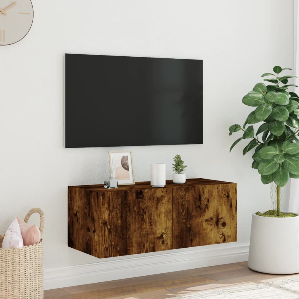 vidaXL Comodă TV de perete cu lumini LED, stejar fumuriu, 80x35x31 cm vidaXL Comodă TV de perete cu lumini LED, stejar fumuriu, 80x35x31 cm