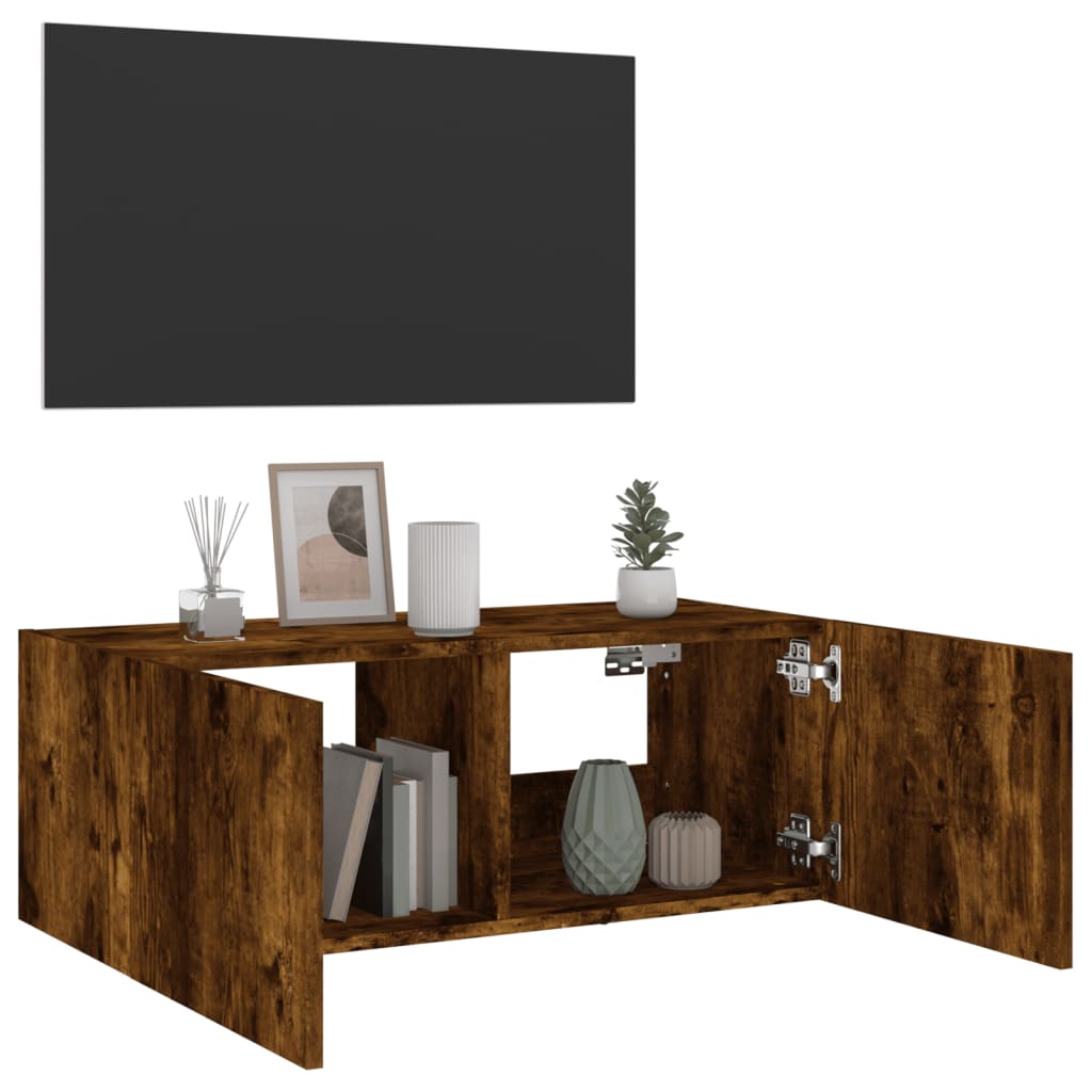 vidaXL Comodă TV de perete cu lumini LED, stejar fumuriu, 80x35x31 cm vidaXL Comodă TV de perete cu lumini LED, stejar fumuriu, 80x35x31 cm