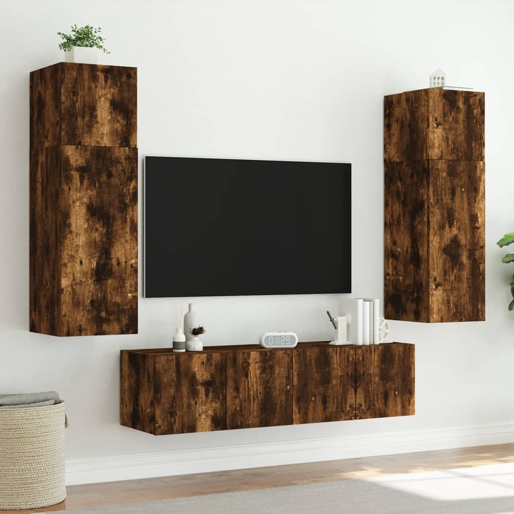 vidaXL Comodă TV de perete cu LED, 2 buc. stejar fumuriu, 80x35x31 cm vidaXL Comodă TV de perete cu LED, 2 buc. stejar fumuriu, 80x35x31 cm