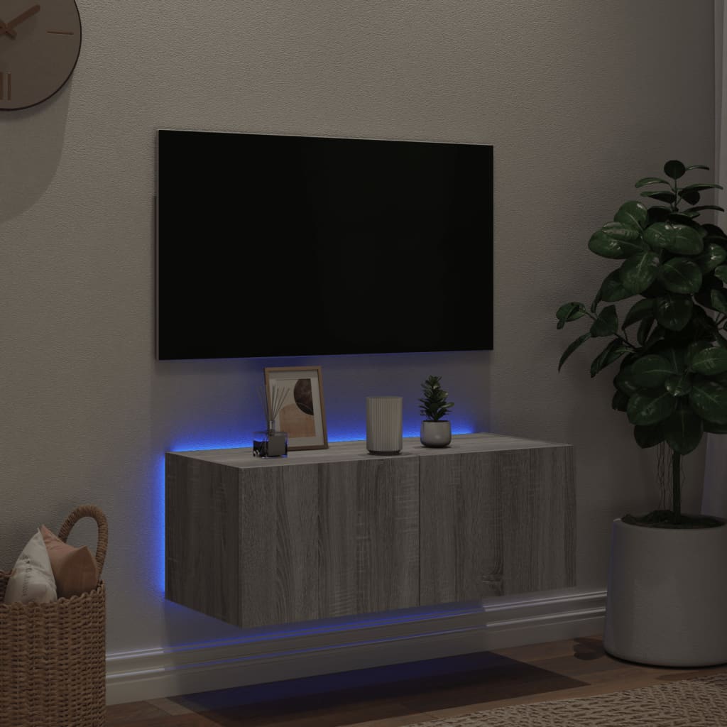 vidaXL Comodă TV de perete cu lumini LED, gri sonoma, 80x35x31 cm vidaXL Comodă TV de perete cu lumini LED, gri sonoma, 80x35x31 cm