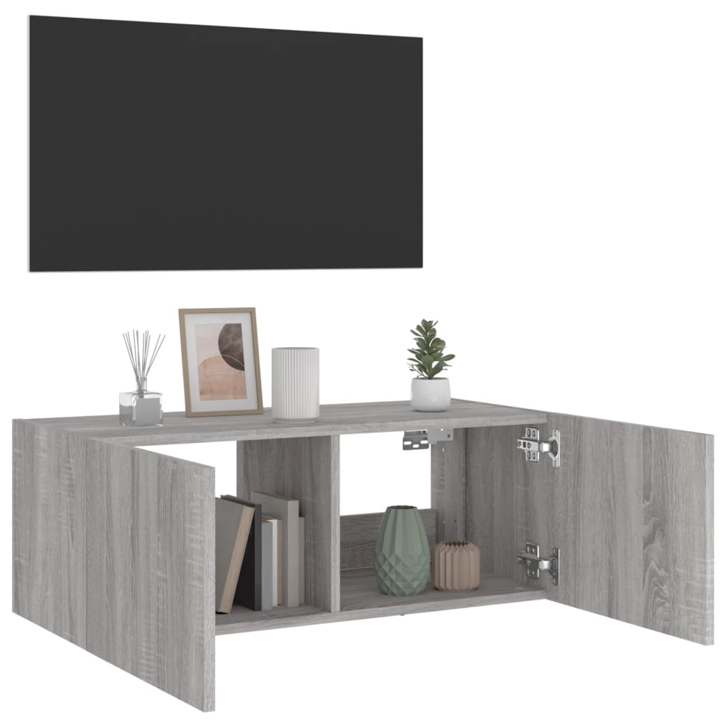 vidaXL Comodă TV de perete cu lumini LED, gri sonoma, 80x35x31 cm vidaXL Comodă TV de perete cu lumini LED, gri sonoma, 80x35x31 cm