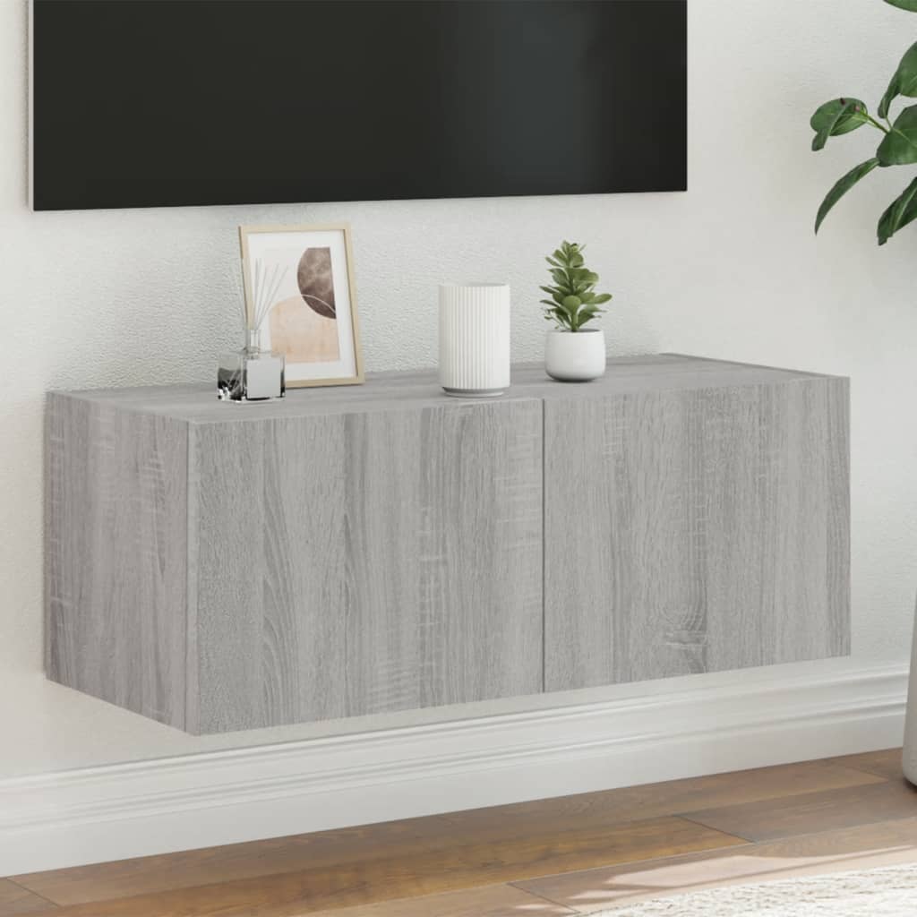 vidaXL Comodă TV de perete cu lumini LED, gri sonoma, 80x35x31 cm vidaXL Comodă TV de perete cu lumini LED, gri sonoma, 80x35x31 cm