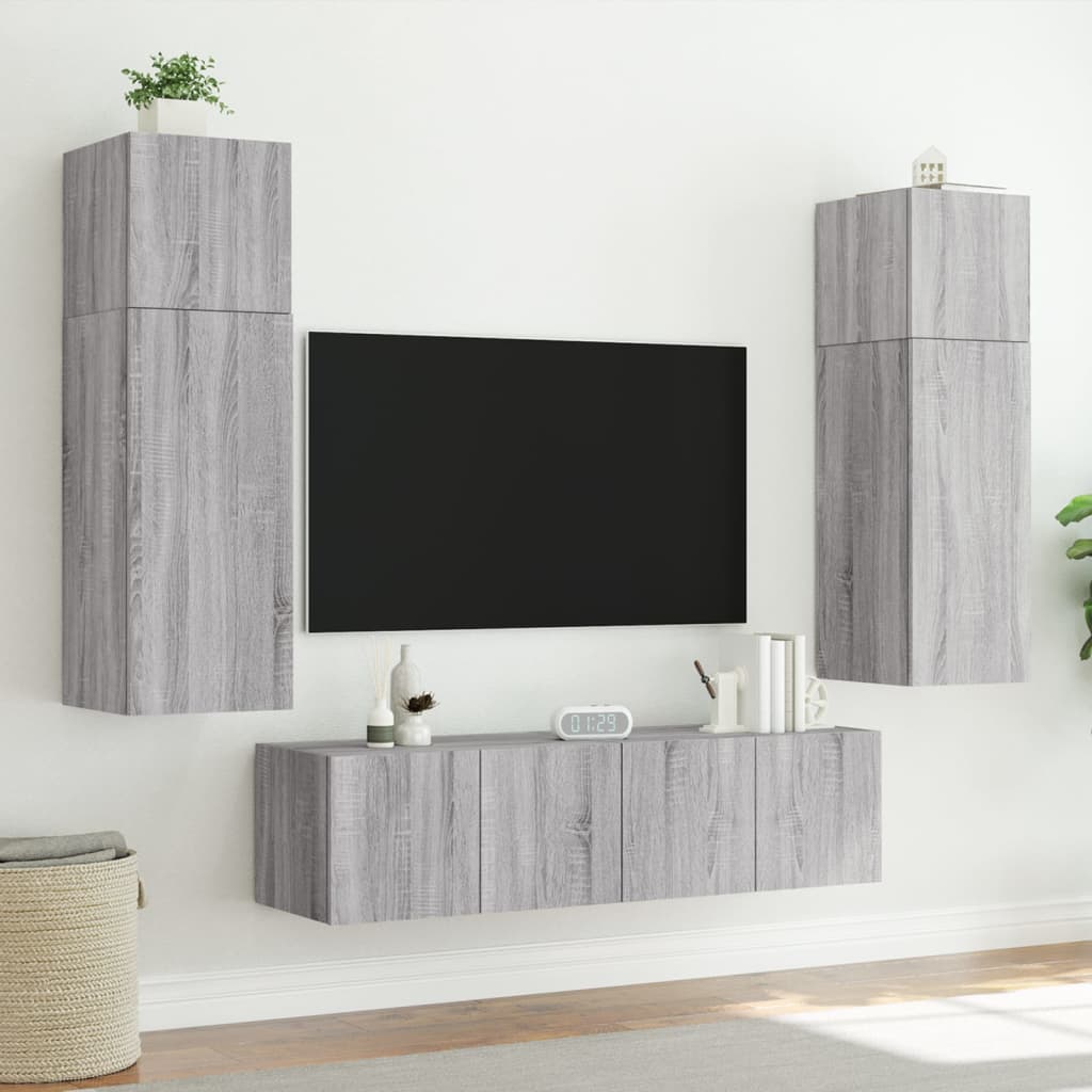vidaXL Comodă TV de perete cu LED, 2 buc, gri sonoma, 80x35x31 cm vidaXL Comodă TV de perete cu LED, 2 buc, gri sonoma, 80x35x31 cm