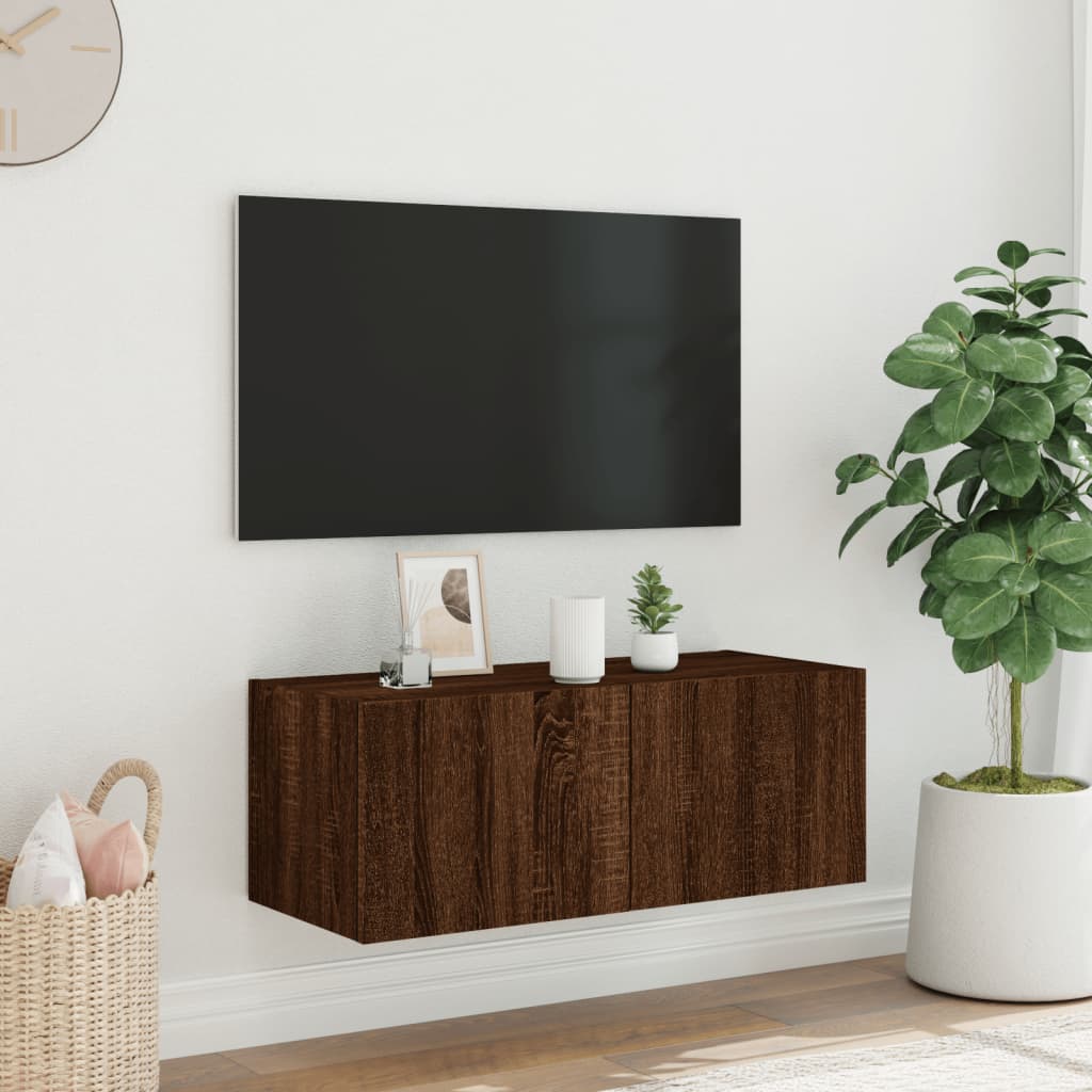 vidaXL Comodă TV de perete cu lumini LED, stejar maro, 80x35x31 cm vidaXL Comodă TV de perete cu lumini LED, stejar maro, 80x35x31 cm