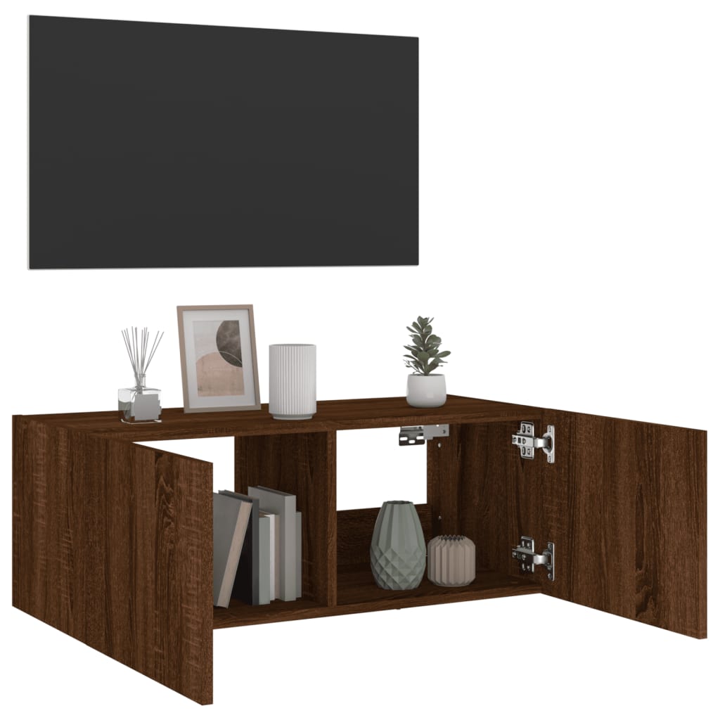 vidaXL Comodă TV de perete cu lumini LED, stejar maro, 80x35x31 cm vidaXL Comodă TV de perete cu lumini LED, stejar maro, 80x35x31 cm