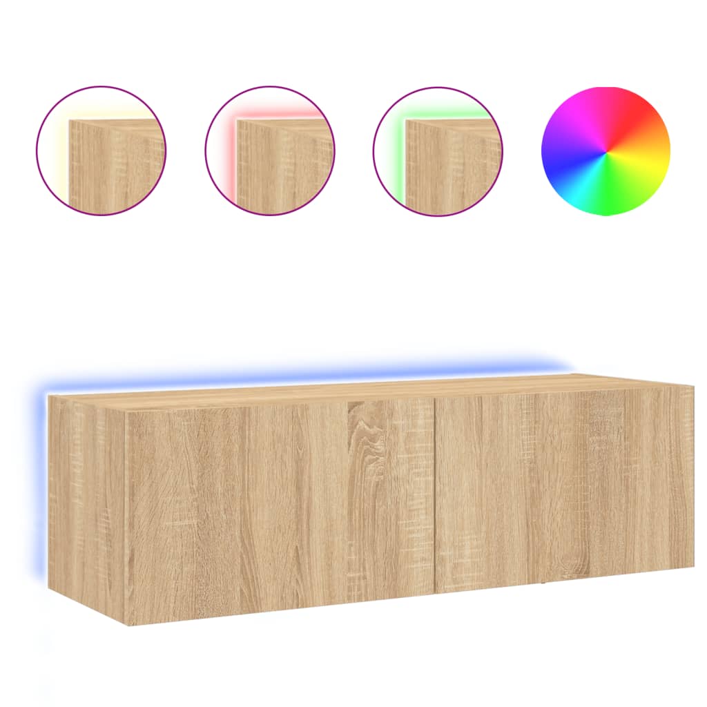 vidaXL Comodă TV de perete cu lumini LED, stejar sonoma, 100x35x31 cm vidaXL Comodă TV de perete cu lumini LED, stejar sonoma, 100x35x31 cm